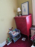 FLORAL WATERCOLOR, LAMP, AND PAINTED RED CHEST OF DRAWERS