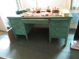 LARGE GREEN PAINTED KNEEHOLE DESK. ON SECOND FLOOR. BRING HELP FOR REMOVAL