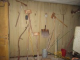 ASSORTED  TOOLS - SHOVELS, AXES, PICK AXE, EXIT SIGNS, SCYTHE