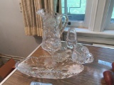 ETCHED GLASS PITCHER, CREAMER, SUGAR, AND CELERY PLAT, AND KOSTA ETCHED DEE