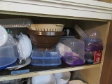 THREE SHELVES OF PLASTICWARE, POTS AND PANS, AND ETC