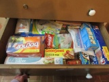 4 DRAWERS OF KITCHEN STORAGE BAGS, FOIL, CLING WRAP, AND ETC