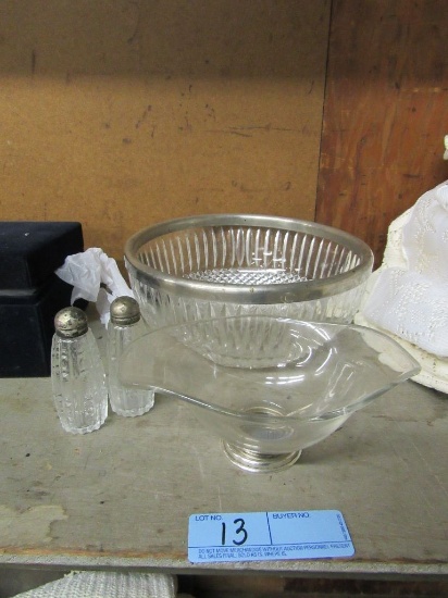 GLASS DISH, SALT AND PEPPER, AND OTHER