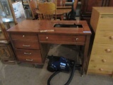 MAHOGANY SEWING CABINET WITH SINGER SEWING MACHINE AND ETC