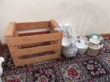 CUPS, PLATES, SALAD BOWLS WITH WOODEN CRATE