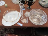 HEAVY GLASS SALAD BOWL, FOSTORIA CANDY DISH, AND ETC