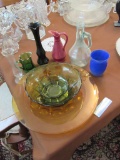 GREEN GLASS BOWLS, YELLOW SERVING PLATE, AND ETC