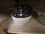 BROWN WARE JUG WITH LID, PIE PLATES, AND ETC