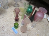 COLORED GLASS VASES AND ETC