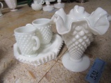 HOBNAIL STYLE MILKGLASS VASE, ASHTRAY, CREAMER AND SUGAR