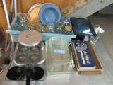 PYREX BAKING DISHES, CANNING JARS, HANDI HOSTESS KIT, MUFFIN TINS, AND ETC