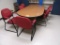 LOT OAK FINISH FORMICA CONFERENCE TABLE AND 7 RED DOUBLE ARM CHAIRS