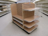 LOT 1 SECTION OF DOUBLE-SIDED GONDOLA SHELVING AND 2 END CAPS WITH MAPLE FINISH