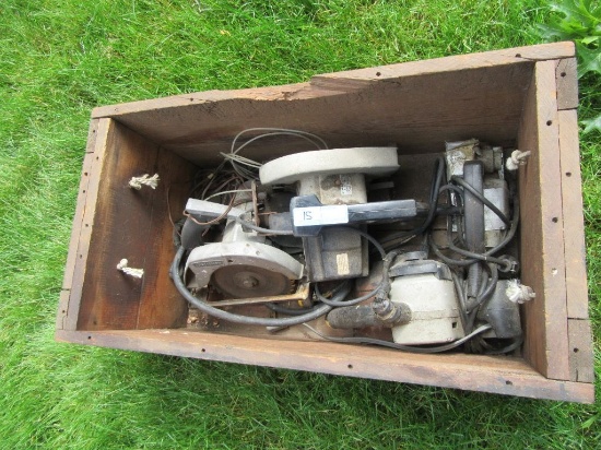 WOODEN BOX WITH CIRCULAR SAWS, JIGSAW, AND BELT SANDER