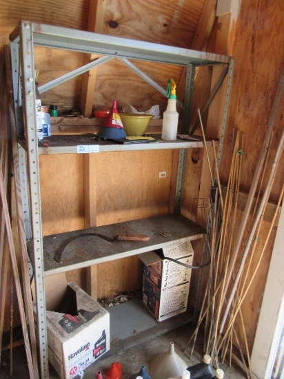 SPRAYER, SPRAY PAINT, FUNNELS WITH METAL SHELVING UNIT