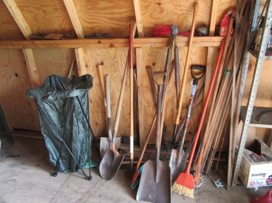 SHOVELS, PITCHFORK, YARD AND GARDEN TOOLS, LEAF BAG AND ETC