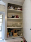 2 CABINETS OF CONTENTS - MIXING BOWLS, MUGS, GLASSES, PAULA DEAN PANS, ETC