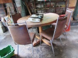 WOOD BUTCHER BLOCK STYLE TABLE AND 4 CHAIRS. NEEDS 4 SCREWS.