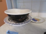 HAND DECORATED CERAMIC BOWL MADE IN ITALY, 2 BEARS, POTTERY PIE PAN,  AND B