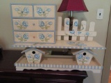 PAINTED BIRDHOUSE BENCH DECORATION AND SMALL 4 DRAWER BOX
