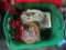 RED AND GREEN PLASTIC BIN FILLED WITH GLASS ORNAMENTS, LIGHTS, AND ETC.