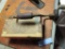 HAND TURNING DRILL, WITH A CIGAR BOX CONTAINING LARGE DRILL BITS AND ETC.