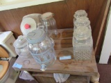 VARIETY OF GLASS CONTAINERS INCLUDING COVERED JARS. ICE TEA CONTAINER. COOK