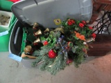 GREY PLASTIC BIN FILLED WITH CHRISTMAS BELLS, BASKETS, PINE, AND ETC