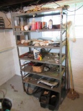 SHELVES CONTAINING PAINT SUPPLIES, NAIL GUN, CLEANING SUPPLIES, OIL AND ETC