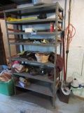 METAL SHELVING UNIT, CONTAINING TOOLS, PAINT SUPPLIES, BRUSHES, AND ETC