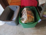 RED AND GREEN PLASTIC BIN CONTAINING A MATTRESS, BLANKET, AND ETC. GREY PLA