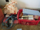 IRON, SMALL MIRROR, ADHESIVE TAPE, CURLERS, CURLING IRON, ETC