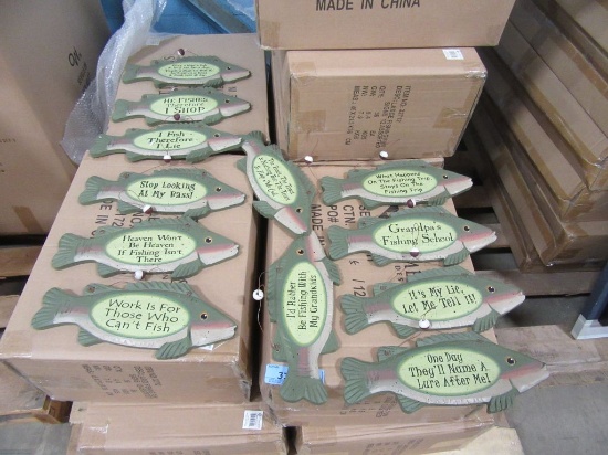 10 CASES OF LARGE FISHING FUN SIGNS 12 ASSORTED. 36 PIECES PER CASE