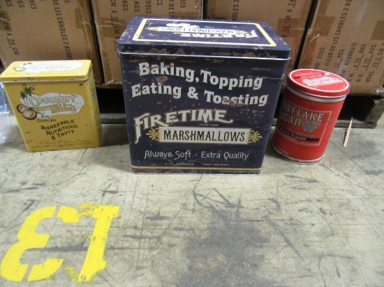 5 BOXES OF OLD ADVERTISING FOOD TINS SET OF 3. 6 SETS PER BOX
