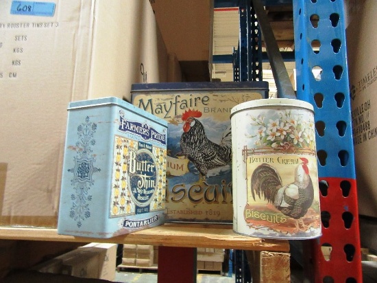 5 BOXES OF FRENCH COUNTRY ROOSTER TINS SET OF 3. 6 SETS PER BOX