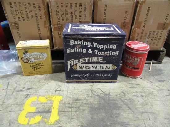 4 BOXES OF OLD ADVERTISING FOOD TINS SET OF 3. 6 SETS PER BOX