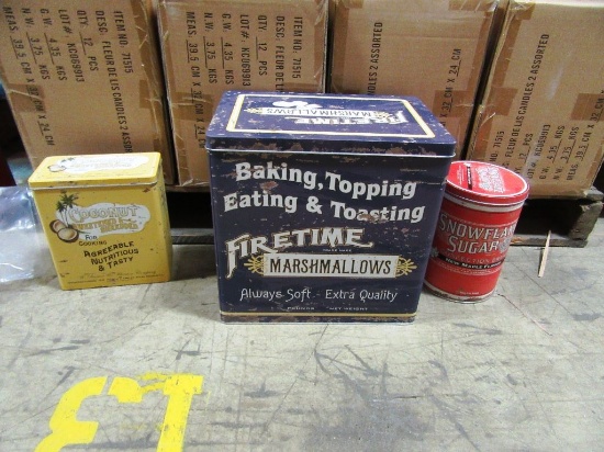 4 BOXES OF OLD ADVERTISING FOOD TINS SET OF 3. 6 SETS PER BOX