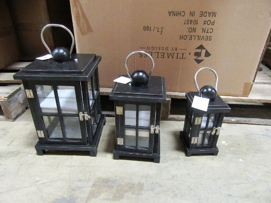 9 BOXES OF WEATHERED BLACK LANTERNS SET OF 3. 3 SETS PER BOX