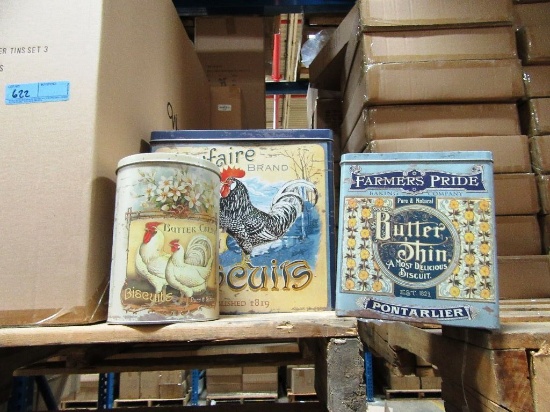 4 BOXES OF FRENCH COUNTRY ROOSTER TINS SET OF 3. 6 SETS PER BOX