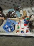 CLOWN BABY BLANKET, STUFFED DOLL, BASKET WITH BABY SHOES, HANGERS, ETC