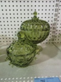 GREEN GLASS COVERED BOWL AND COVERED COMPOTE