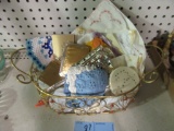 WIRE BASKET WITH HANKIES, COIN PURSE, COMPACTS, ETC