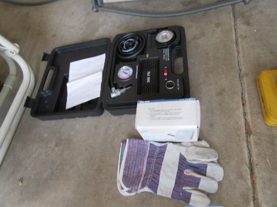 TIRE INFLATOR. AC ADAPTER 12 VOLT. WORK GLOVES