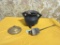 VINTAGE CAST IRON FIRE STARTER POT WITH WAND & BRASS LID