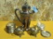 SILVERPLATE AND GLASS COASTERS, SUGAR, CREAMER, AND TEAPOT