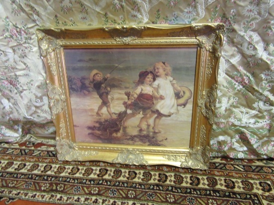 GOLD FRAMED VICTORIAN PICTURE OF CHILDREN PLAYING BY FRED MORGAN