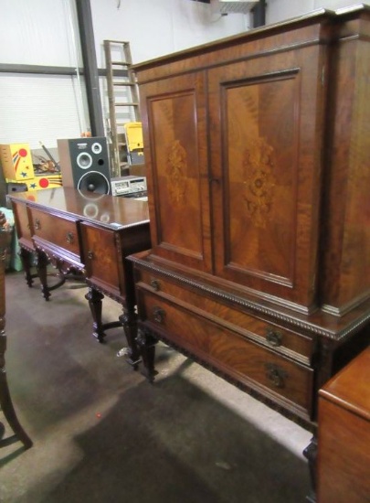 INLAID DOOR CARVED BUFFET TABLE AND INLAID CHINA CUPBOARD