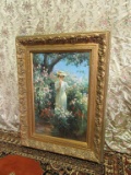 GOLD-FRAMED OIL ON CANVAS VICTORIAN LADY WITH FLOWERS BY R. MADRAZO