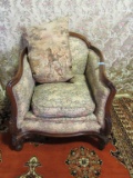 TAPESTRY PILLOW AND WOOD FRAME TAPESTRY ACCENT CHAIR. ONE LEG BROKEN