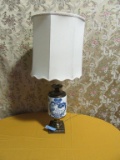 BRASS WITH BLUE AND WHITE DESIGN TABLE LAMP
